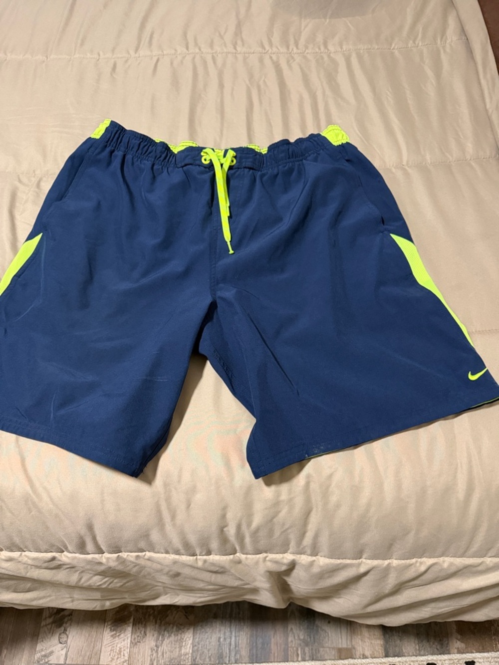 Nike Men's Navy Blue Swim Shorts with Neon Yellow Accents